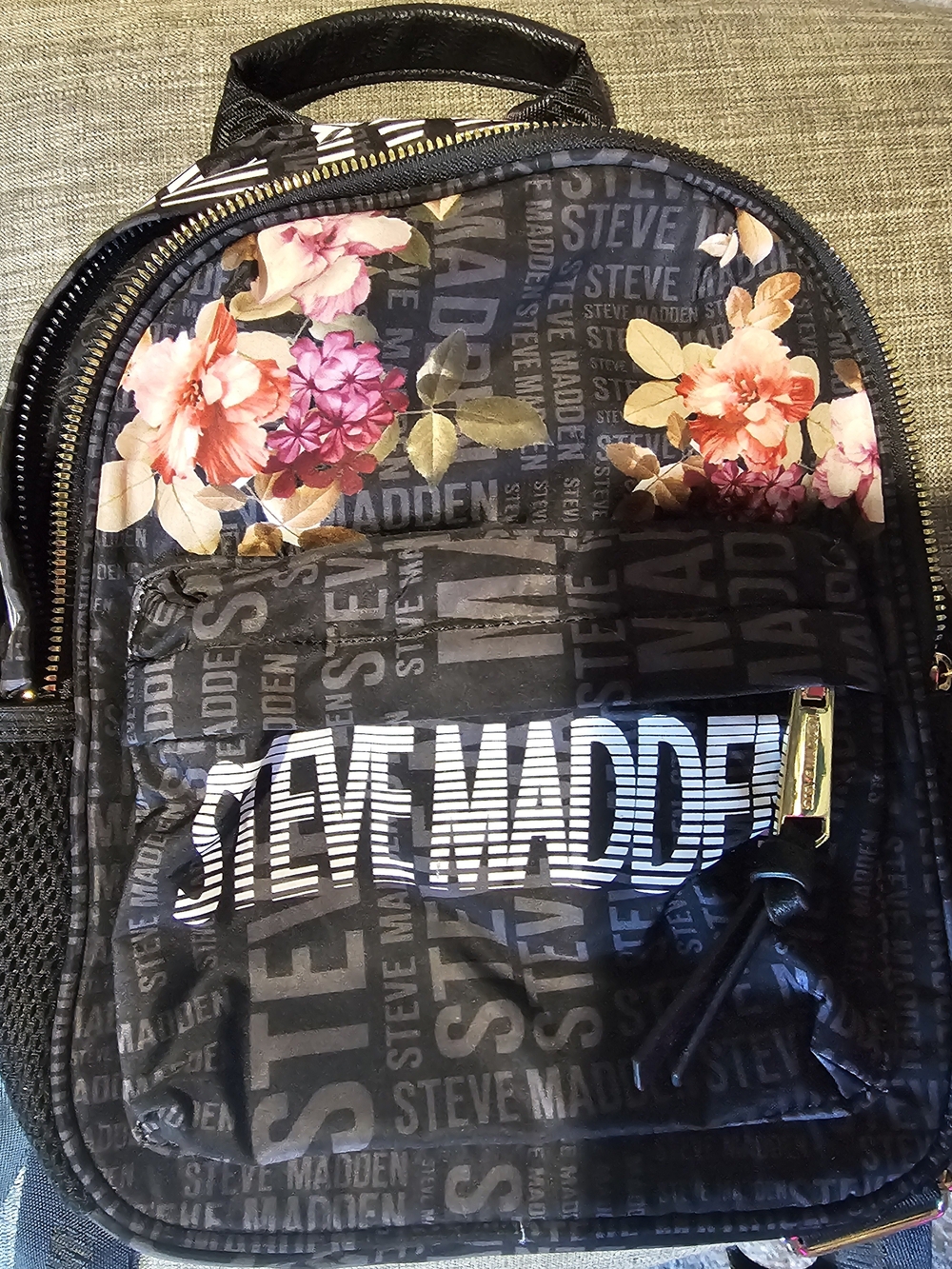 Steve Madden Black Floral Mini Backpack with Pink & Peach Blooms
